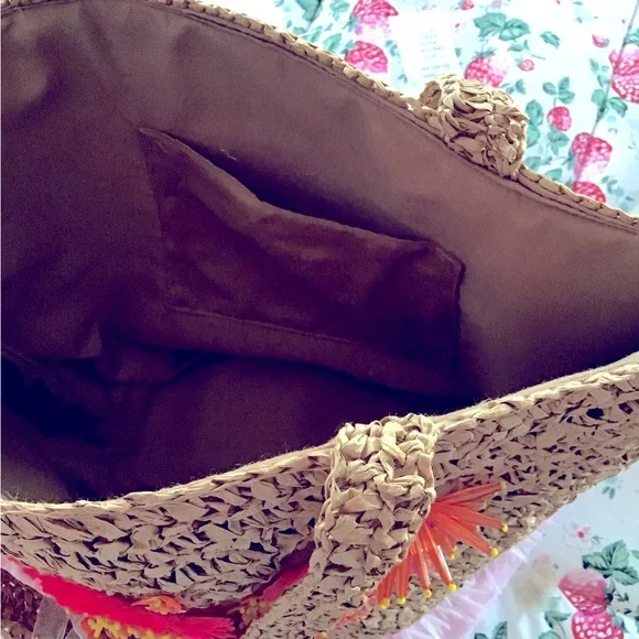 New Summer Vacay Beach Tan and Pink Floral Tote Bag with Woven Texture Handmade
